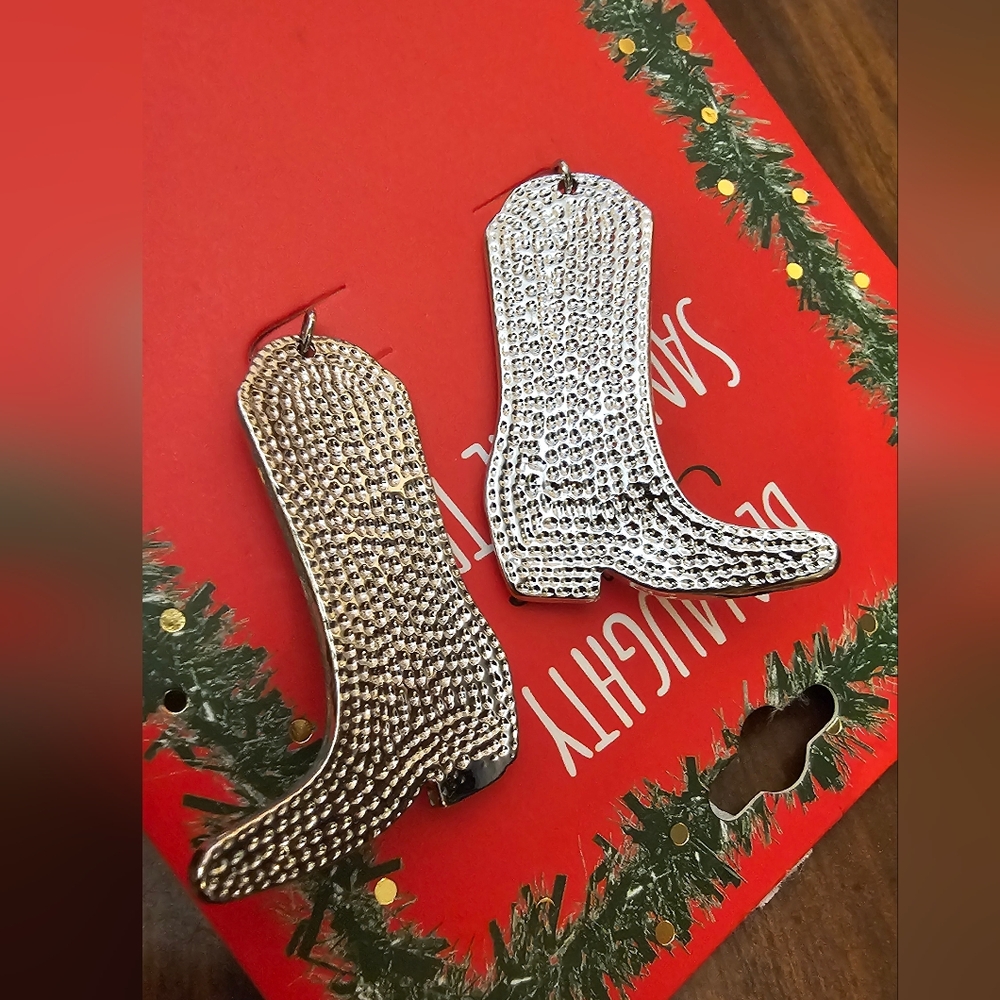 Silver Tone and Red Enamel Glitter Snowflake Cowboy Boot Drop Earrings NWT - Picture 4 of 7